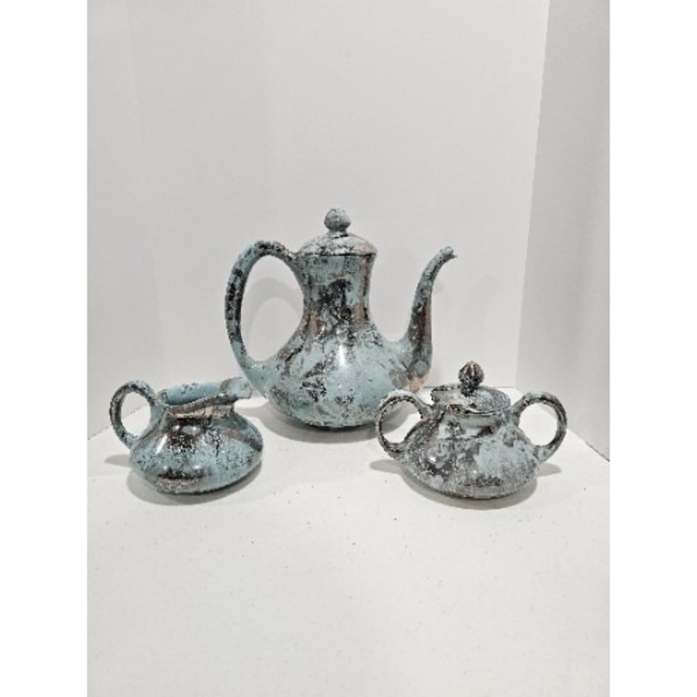 Vintage Sascha Brastoff Surf Ballet Turquoise & Silver Mid-Century Tea  Set